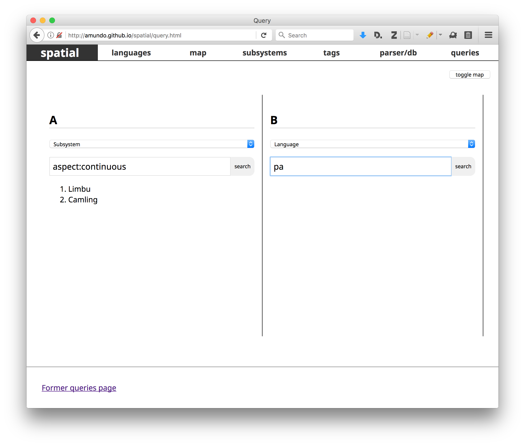 In-development interface for searching the Tibeto-Burman Spatial Typology corpus.