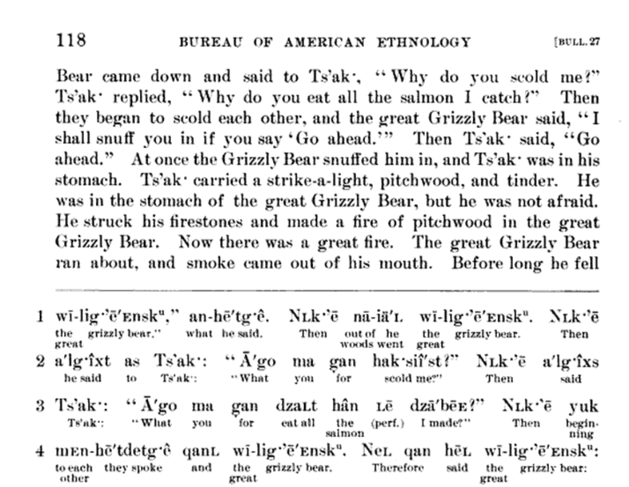 A page from Franz Boas’ Tsimshian texts, showing per-word glosses